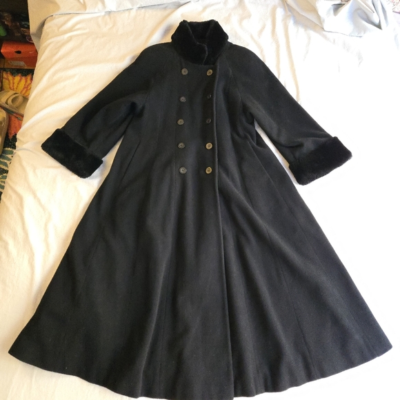 Marvin Richards Vintage Black Wool  Double-Breasted Coat Fur Trim Swing Coat - Picture 1 of 16